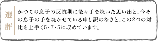 かつての息子の反抗期に散々手を焼いた思い出と今その息子の手を焼かせている申し訳のなさと、この2つの対比を上手く5･7･5に収めています。