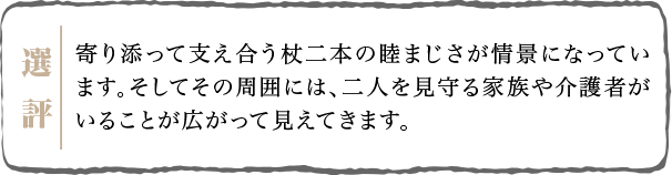 寄り添って支え合う杖二本の睦まじさが情景になっています。そしてその周囲には、二人を見守る家族や介護者がいることが広がって見えてきます。